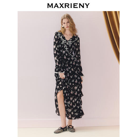 MAXRIENY度假风连衣裙松弛感碎花裙25秋荷叶边x型收腰长袖茶歇裙(货号:MS86DR281) 商品图1