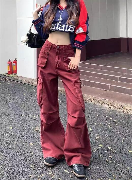 418良粉节|2026 活动爆款 品牌特卖！错过无【自营】衣周期～思美乐牛仔179波尔多红100%棉 多复古工装裤春秋新款穿搭美式阔腿牛仔裤长裤女-喜出 商品图5