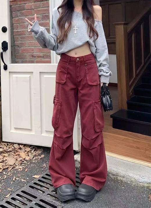 418良粉节|2026 活动爆款 品牌特卖！错过无【自营】衣周期～思美乐牛仔179波尔多红100%棉 多复古工装裤春秋新款穿搭美式阔腿牛仔裤长裤女-喜出 商品图3