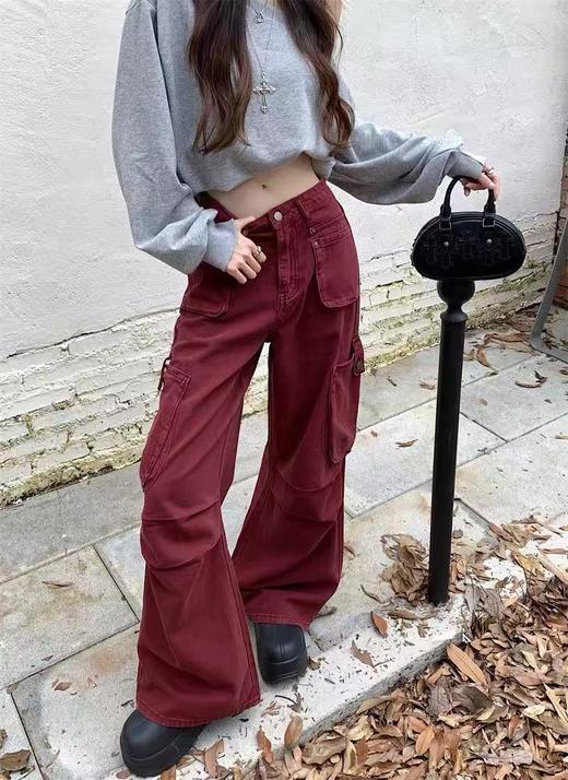 418良粉节|2026 活动爆款 品牌特卖！错过无【自营】衣周期～思美乐牛仔179波尔多红100%棉 多复古工装裤春秋新款穿搭美式阔腿牛仔裤长裤女-喜出 商品图4