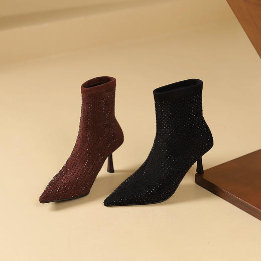 westory冬季优雅烫钻细高跟百搭短靴包腿弹力短靴W24DS84901 商品图0