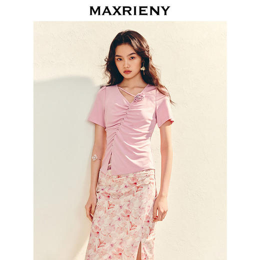 春日氛围感粉彩T恤女25春季新款抽褶收腰x型修身显瘦上衣(货号:MS86TP019) 商品图2