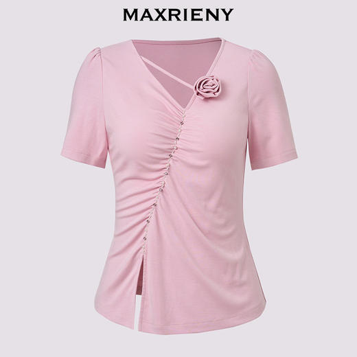 春日氛围感粉彩T恤女25春季新款抽褶收腰x型修身显瘦上衣(货号:MS86TP019) 商品图4