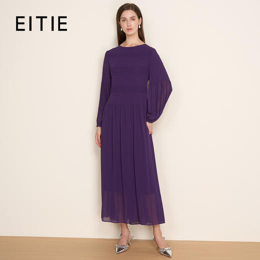 EITIE爱特爱秋季新款气质压褶飘舒适显瘦黑色连衣裙7907606 商品图1