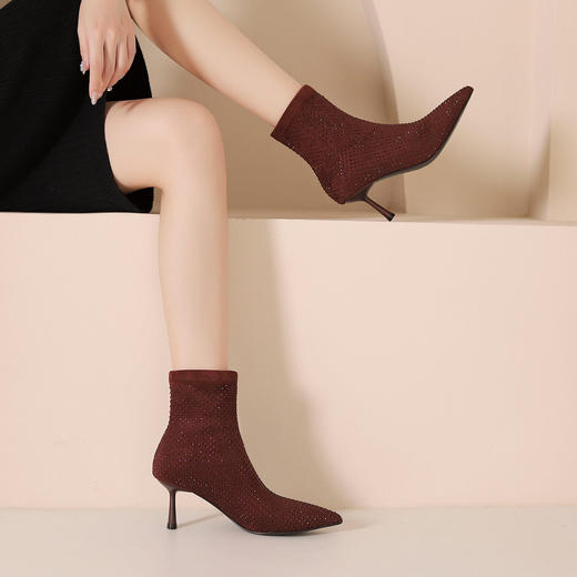 westory冬季优雅烫钻细高跟百搭短靴包腿弹力短靴W24DS84901 商品图4
