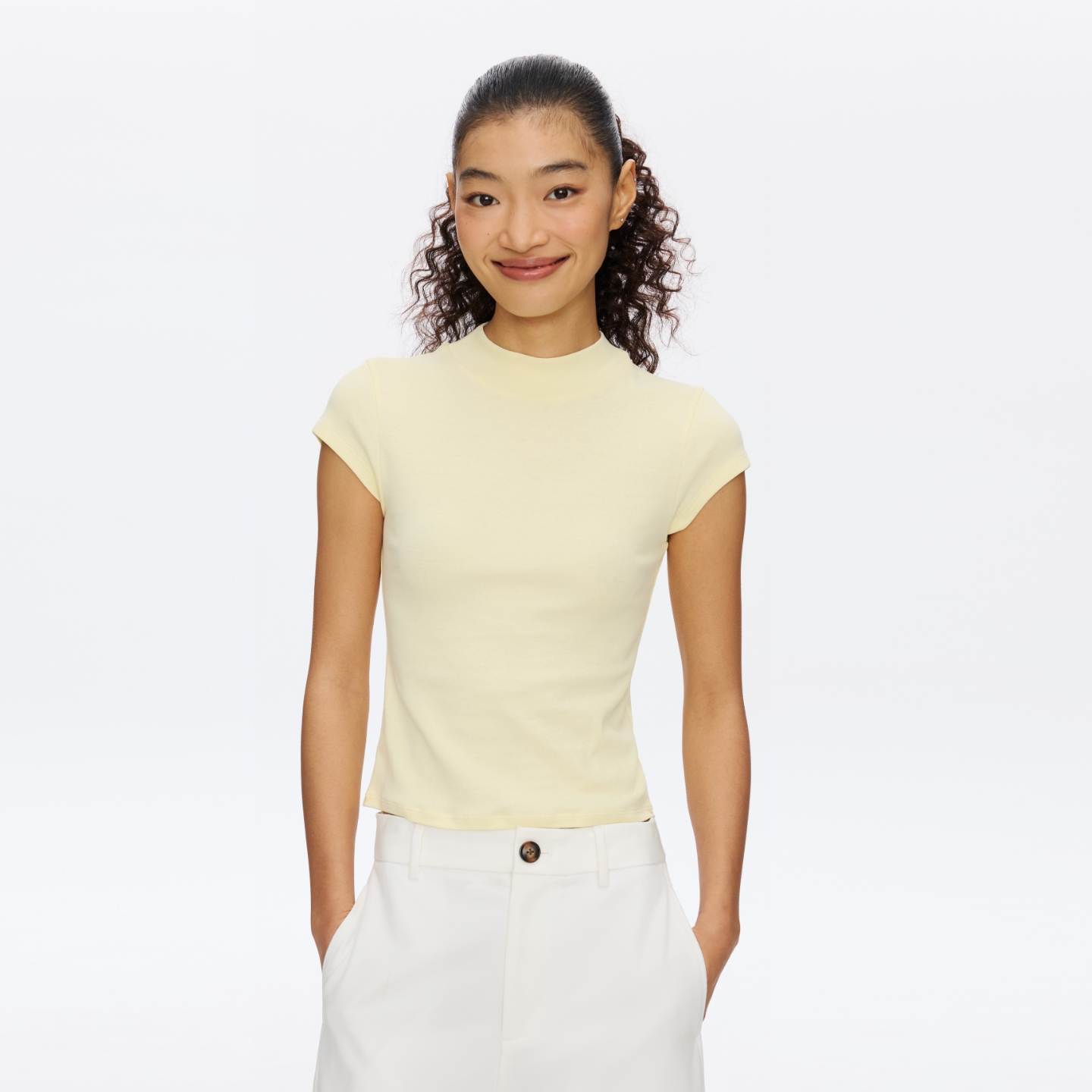 Oneup强捻小高领小飞袖T恤