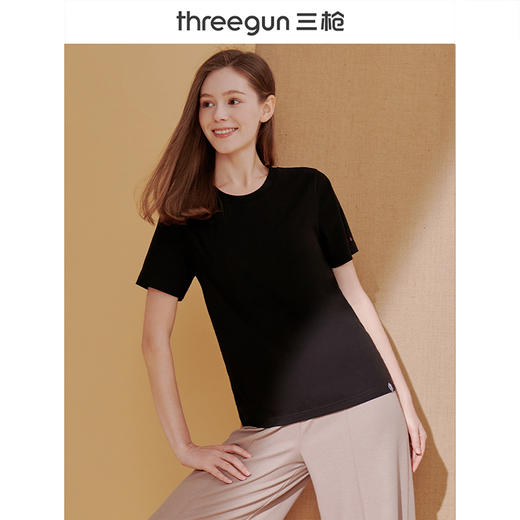 Threegun三枪 【高支麻感棉】圆领女士短袖T恤-23464A911 商品图1