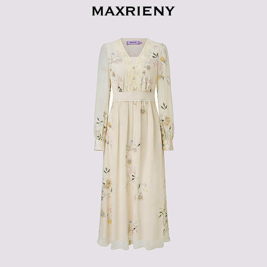天虹玛克门店发货：米白色连衣裙2026年春季新款蕾丝花卉刺绣收腰雪纺裙子(货号:MS86DR755) 商品图4