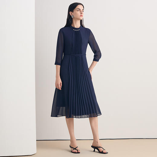 EITIE爱特爱2026夏季新款法式优雅褶皱网纱深蓝色收腰连衣裙8607308 商品图1