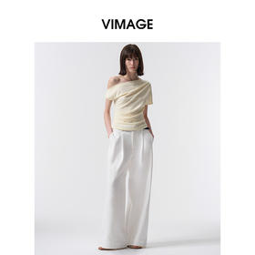 VIMAGE纬漫纪设计感斜肩修身显瘦黄色短袖T恤上衣2026夏季新款V2502102