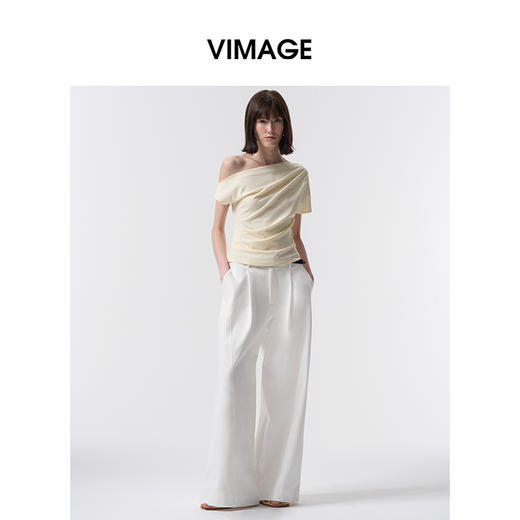 VIMAGE纬漫纪设计感斜肩修身显瘦黄色短袖T恤上衣2026夏季新款V2502102 商品图0