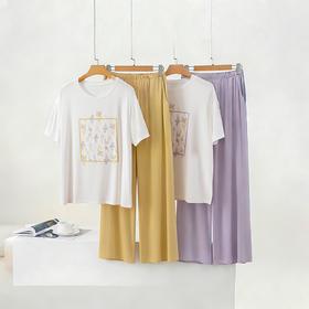 LS竹纤维女士时尚清新半袖八分裤休闲套2711