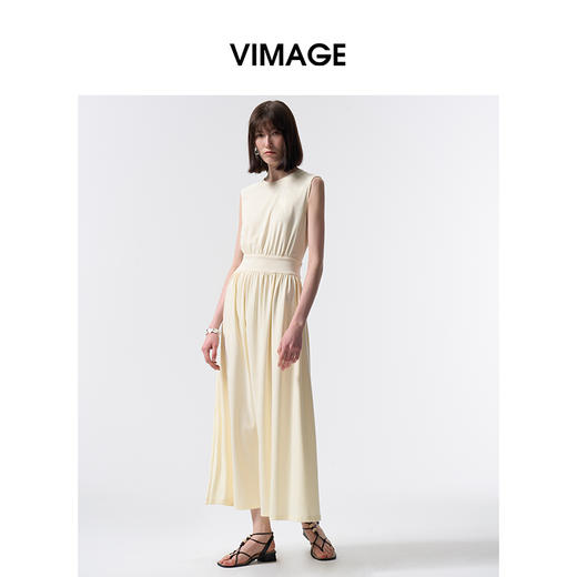 VIMAGE纬漫纪度假风棉质温柔收腰显瘦黄油色连衣裙2026夏季新款V2507209 商品图1