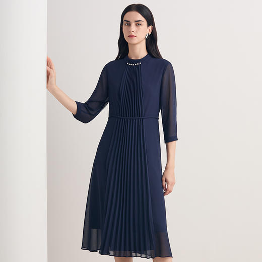 EITIE爱特爱2026夏季新款法式优雅褶皱网纱深蓝色收腰连衣裙8607308 商品图2