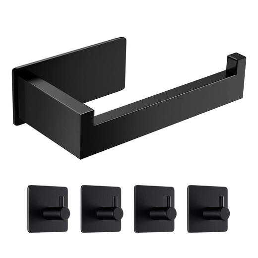 欧洲 KISEDAR 免打孔粘贴式卷纸架 不锈钢材质 带4个挂钩 适用于浴室和厨房 黑色 商品图1