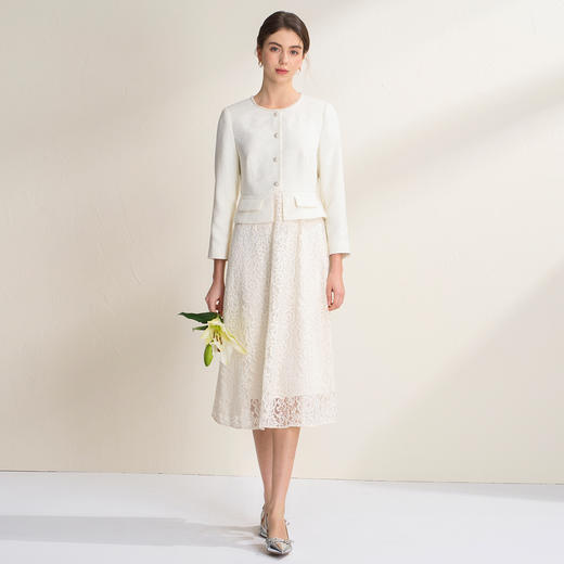 EITIE爱特爱精致钩花蕾丝拼接小香风假两件白色连衣裙2026春新款A2607127 商品图3
