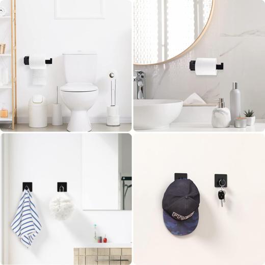 欧洲 KISEDAR 免打孔粘贴式卷纸架 不锈钢材质 带4个挂钩 适用于浴室和厨房 黑色 商品图3