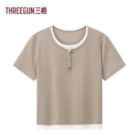 Threegun三枪 零碳莱赛尔棉罗纹拼接短袖女衫-T20184A01
