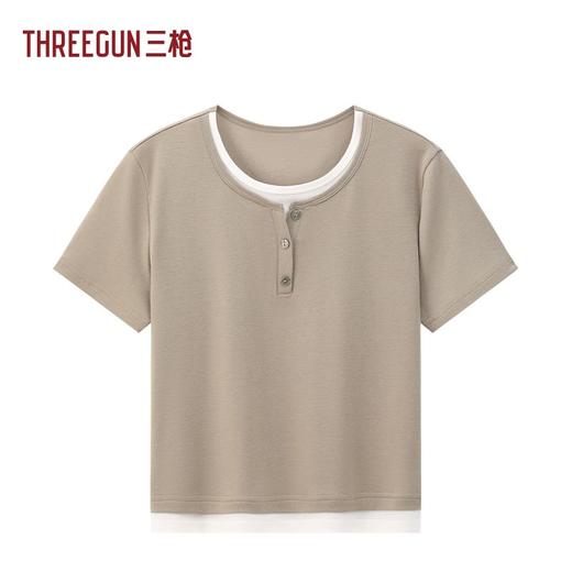 Threegun三枪 零碳莱赛尔棉罗纹拼接短袖女衫-T20184A01 商品图0