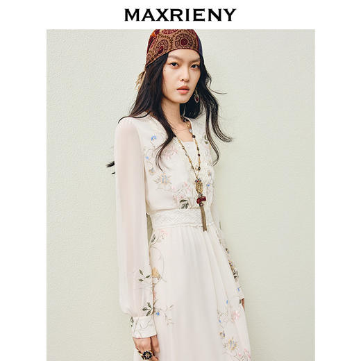 天虹玛克门店发货：米白色连衣裙2026年春季新款蕾丝花卉刺绣收腰雪纺裙子(货号:MS86DR755) 商品图1