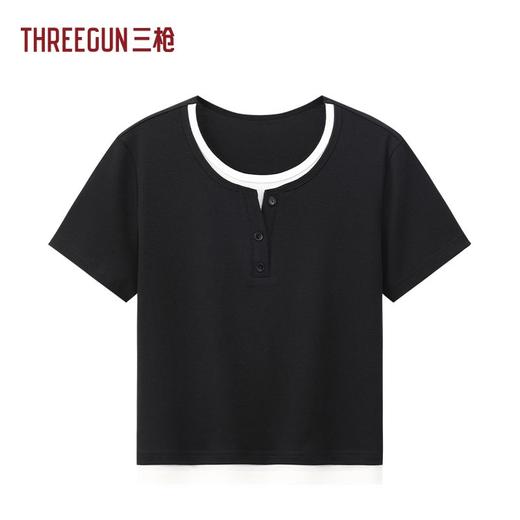 Threegun三枪 零碳莱赛尔棉罗纹拼接短袖女衫-T20184A01 商品图1