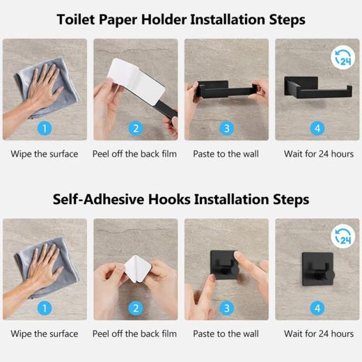 欧洲 KISEDAR 免打孔粘贴式卷纸架 不锈钢材质 带4个挂钩 适用于浴室和厨房 黑色 商品图5