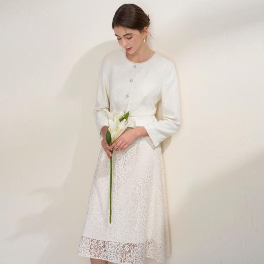 EITIE爱特爱精致钩花蕾丝拼接小香风假两件白色连衣裙2026春新款A2607127 商品图2