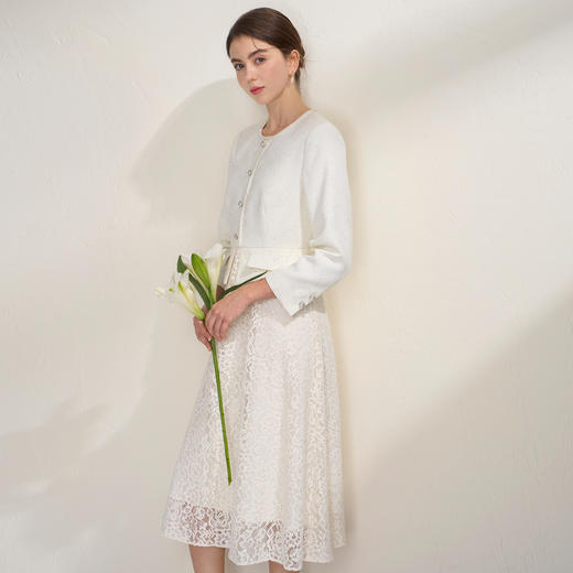EITIE爱特爱精致钩花蕾丝拼接小香风假两件白色连衣裙2026春新款A2607127 商品图1