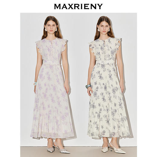 蓝星花连衣裙25夏款优雅百褶小飞袖裙子气质感收腰长裙(货号:MS86DR070) 商品图3