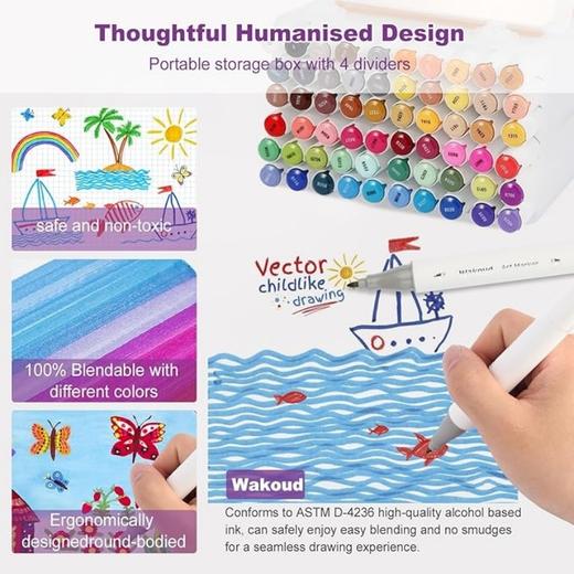 【超高品质】美国高端品牌 Wakoud 60色双头艺术马克笔 带便携盒 绘画/着色 书籍绘画 卡片制作  2026年新款 商品图6