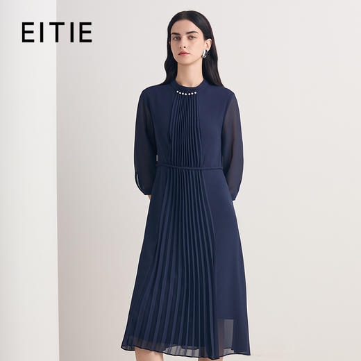EITIE爱特爱2026夏季新款法式优雅褶皱网纱深蓝色收腰连衣裙8607308 商品图0