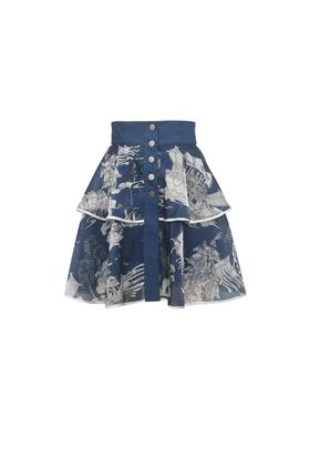 蓝色洛神赋手绘印花水晶纱牛仔半裙