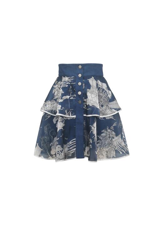 蓝色洛神赋手绘印花水晶纱牛仔半裙 商品图0