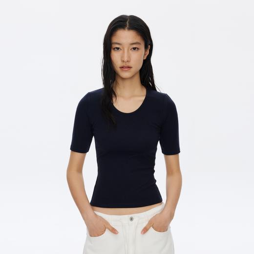 Oneup大U领螺纹修身短袖T恤 商品图1