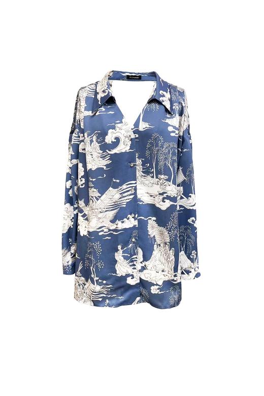 蓝色洛神赋手绘印花露背衬衣 商品图0