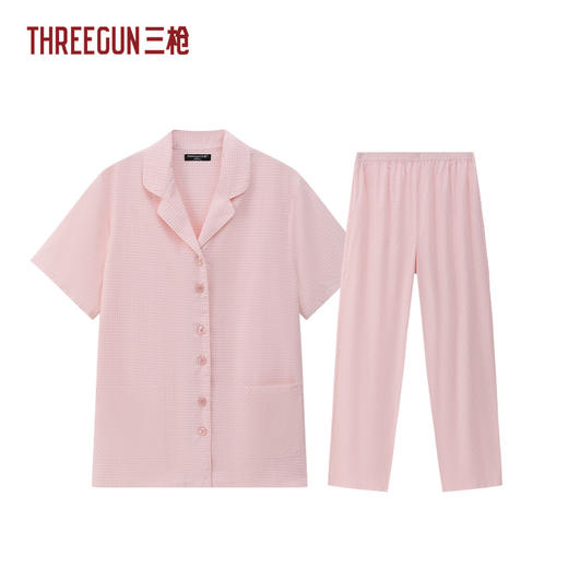 Threegun三枪 纯棉彩格翻领开襟短袖长裤女家居套-T80161D01 商品图0