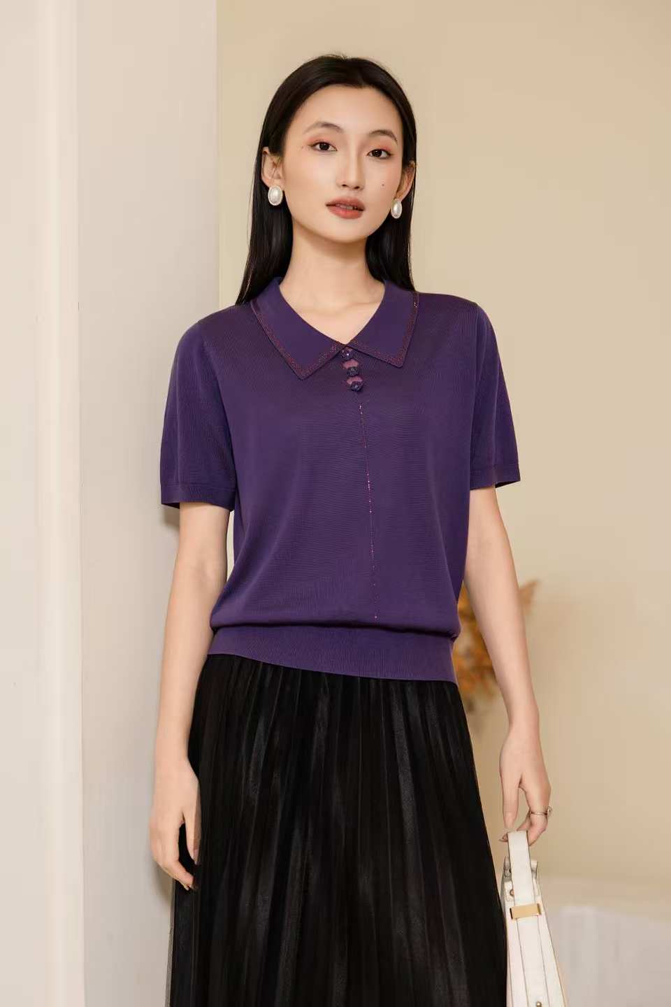 女装26春夏新品反领天丝针织短袖2290-20669