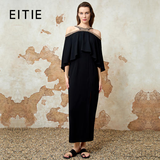 EITIE爱特爱夏季新款优雅法式精致露肩黑色礼服连衣裙8277901 商品图0