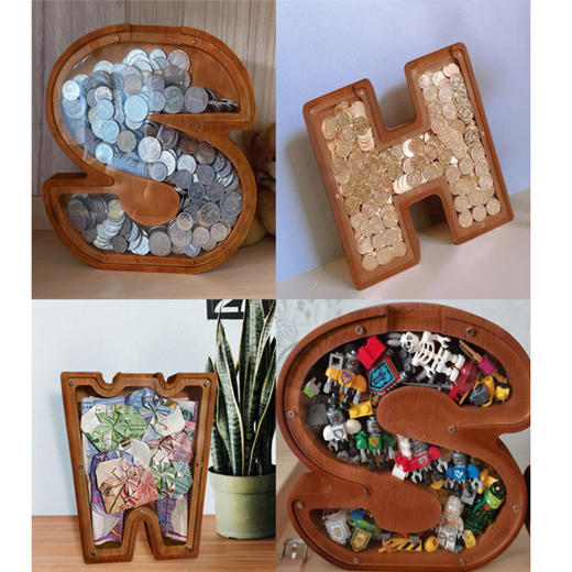 深色木质字母储蓄罐 透明亚克力硬币存储盒 创意家居摆件 商品图2