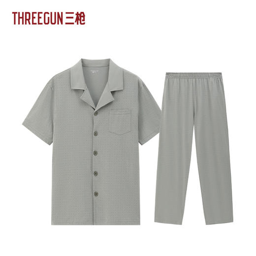 Threegun三枪 水柔棉翻领开襟短袖长裤男家居套-T80136D01 商品图0