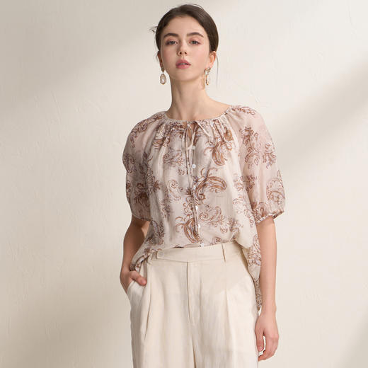 EITIE爱特爱游牧风褐色印花宽松飘带舒适度假短袖上衣2026夏新款B2609208 商品图3