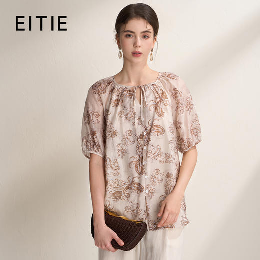EITIE爱特爱游牧风褐色印花宽松飘带舒适度假短袖上衣2026夏新款B2609208 商品图0