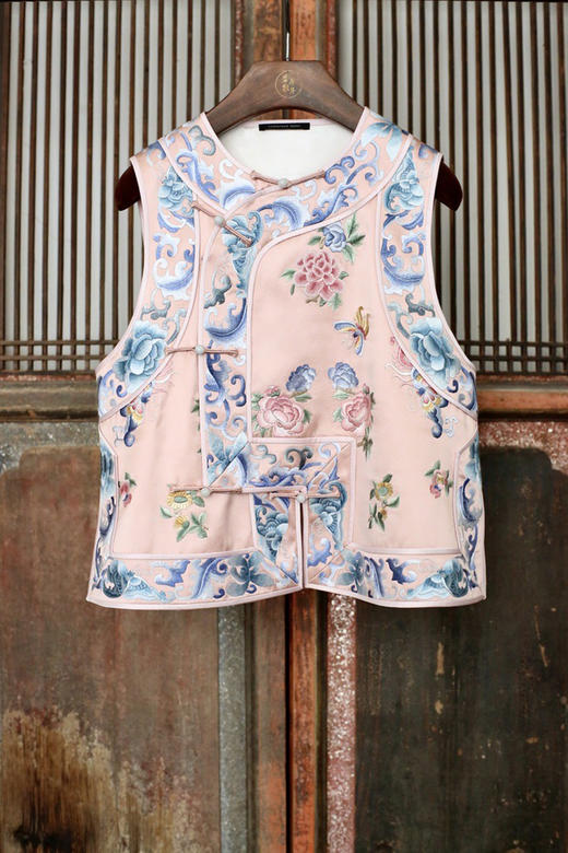 盛唐牡丹盛奢系列 | 重缎真丝手绣偏襟马甲-粉色 商品图0