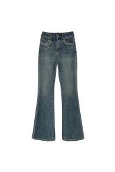 蓝色修身四面弹微喇裤薄款