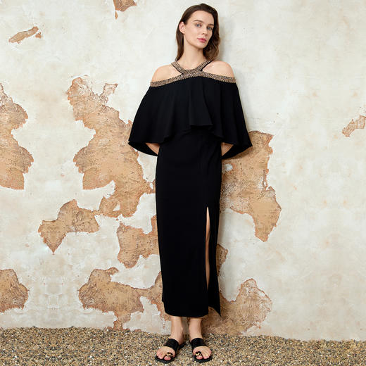 EITIE爱特爱夏季新款优雅法式精致露肩黑色礼服连衣裙8277901 商品图2