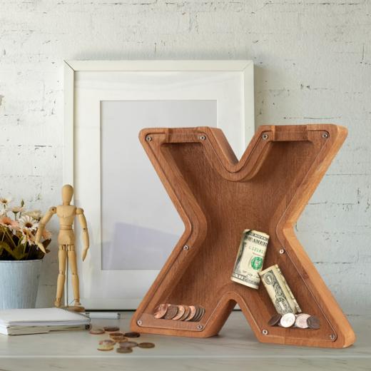 深色木质字母储蓄罐 透明亚克力硬币存储盒 创意家居摆件 商品图3