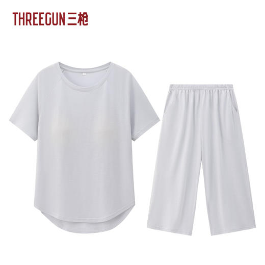 Threegun三枪 莱赛尔隐条圆领插肩短袖中裤bra女家居套-T80162D01 商品图1