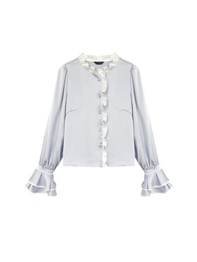 蓝底白边撞色荷叶袖衬衫