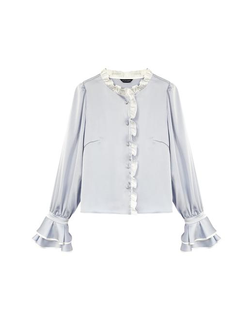 蓝底白边撞色荷叶袖衬衫 商品图0