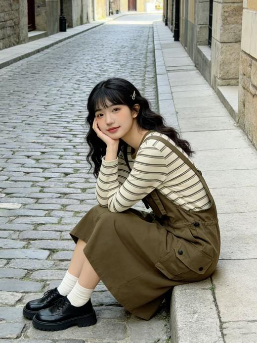 活动爆款【自营】衣周期～（二件套）Q20条纹长袖T恤➕背带裙套装-喜出 商品图5